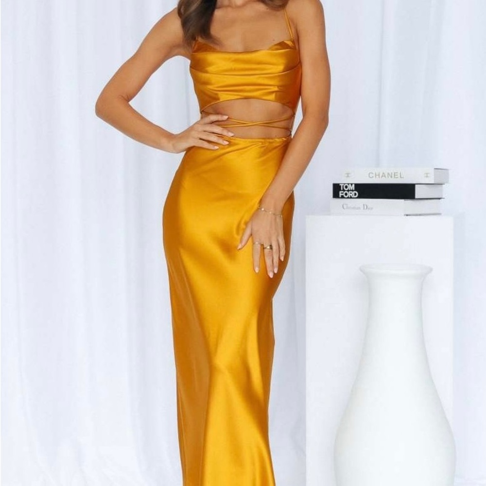 {{Hello Molly gold strappy cutout dress}}